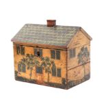 An early 19th Century painted Tunbridge ware sewing box in the form of a cottage, five diamond