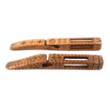 Two 18th Century knitting sticks, comprising a fruitwood example dated 1786, probably Welsh, pierced