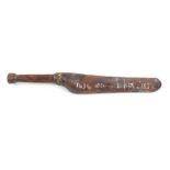An early 19th Century wooden knitting sheath with blade form mount crudely carved with various dates