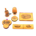 Mauchline ware – sewing – six pieces comprising an oval section crochet case (Llandudno/St. Tudno’
