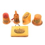 Mauchline ware – sewing – five pieces comprising a churn form tape measure, tape shortened (Tidal