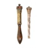 Two 19th Century tipstaffs comprising an English example, pierced brass crown with red cloth