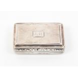 A George IV silver snuffbox, rectangular hinged lid, initalled ‘J.H.’, scroll thumb pieces, reeded