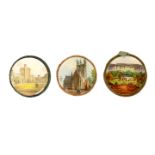 Three reverse glass printed circular pin cushions comprising Merton College, The Tower And Hall of