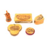 Mauchline ware – sewing – five pieces comprising a slant top bow front thimble case (Cardiff Castle)