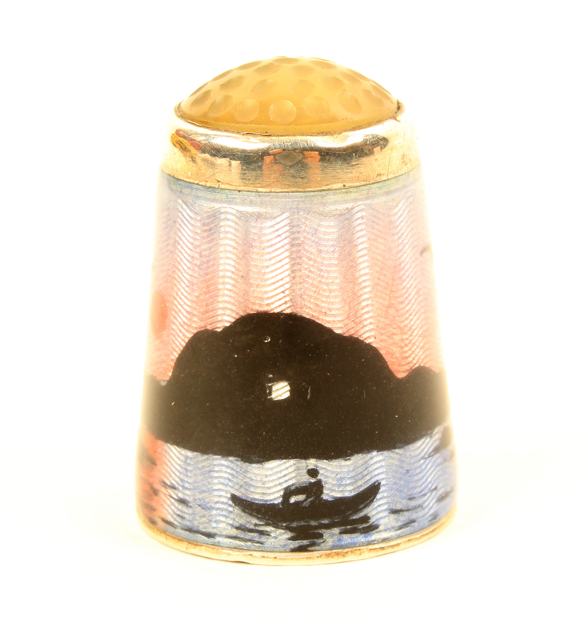 A Norwegian silver and enamel stone top thimble by Aksel Holmsen, depicting a figure in a boat - Image 2 of 3