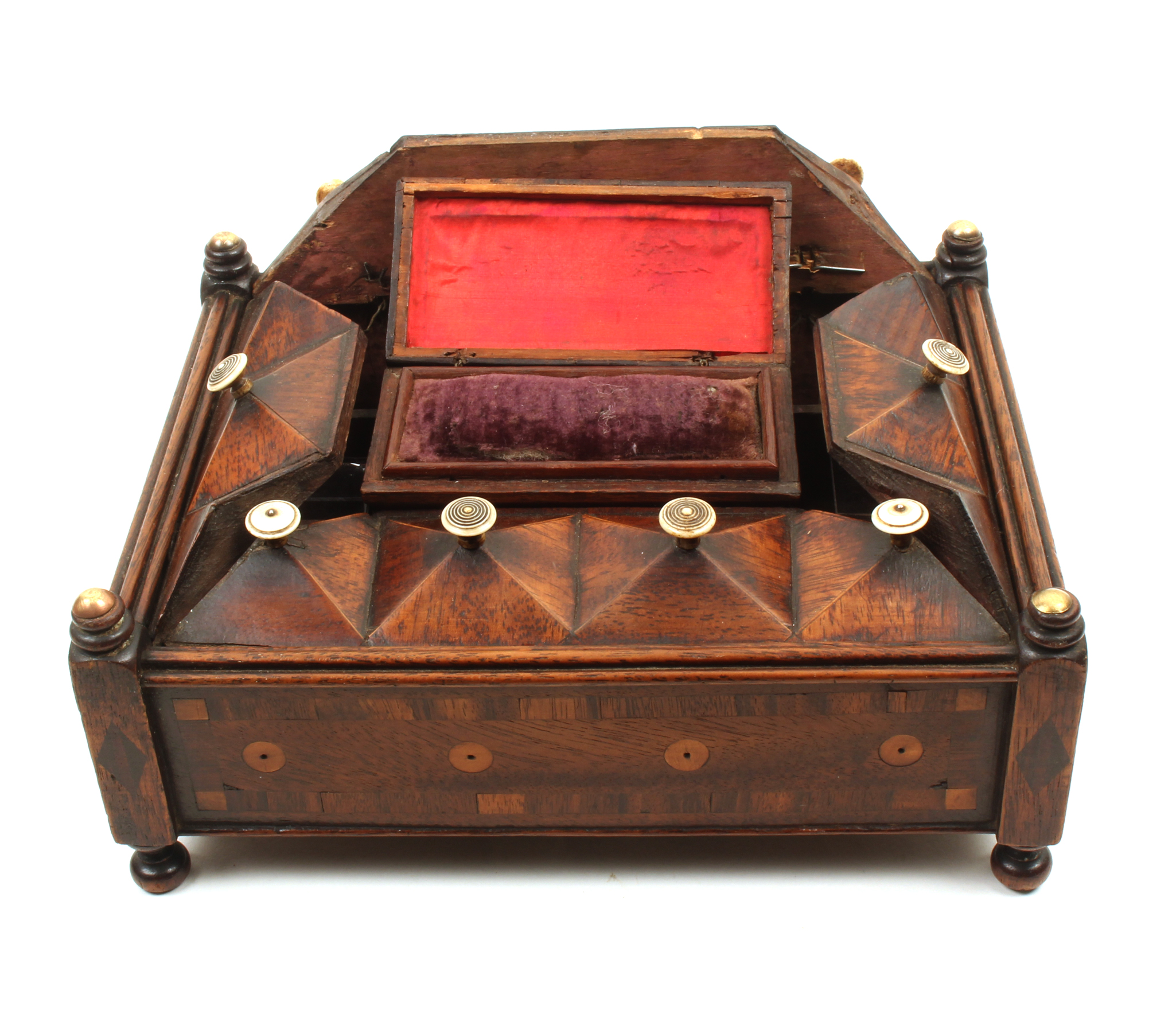 An unusual mahogany reel box dated 1839, of rectangular form raised on post from corners and ball - Image 2 of 3
