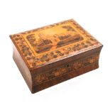 A Tunbridge ware sewing box, the cushion lid with a mosaic panel of Eridge Castle within a floral