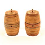 A pair of early 19th Century line painted Tunbridge ware cotton barrels, 4.5cm high. (2)