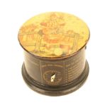 Mauchline ware – sewing – a fortune telling reel box, Caldecott style colour print of girl to lid,