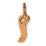 A Cumbrian wooden knitting sheath with leaf and zig zag design with inset glazed panel over a