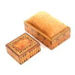Two pieces of Tunbridge ware comprising a rectangular stamp box with fine mosaic young Queen