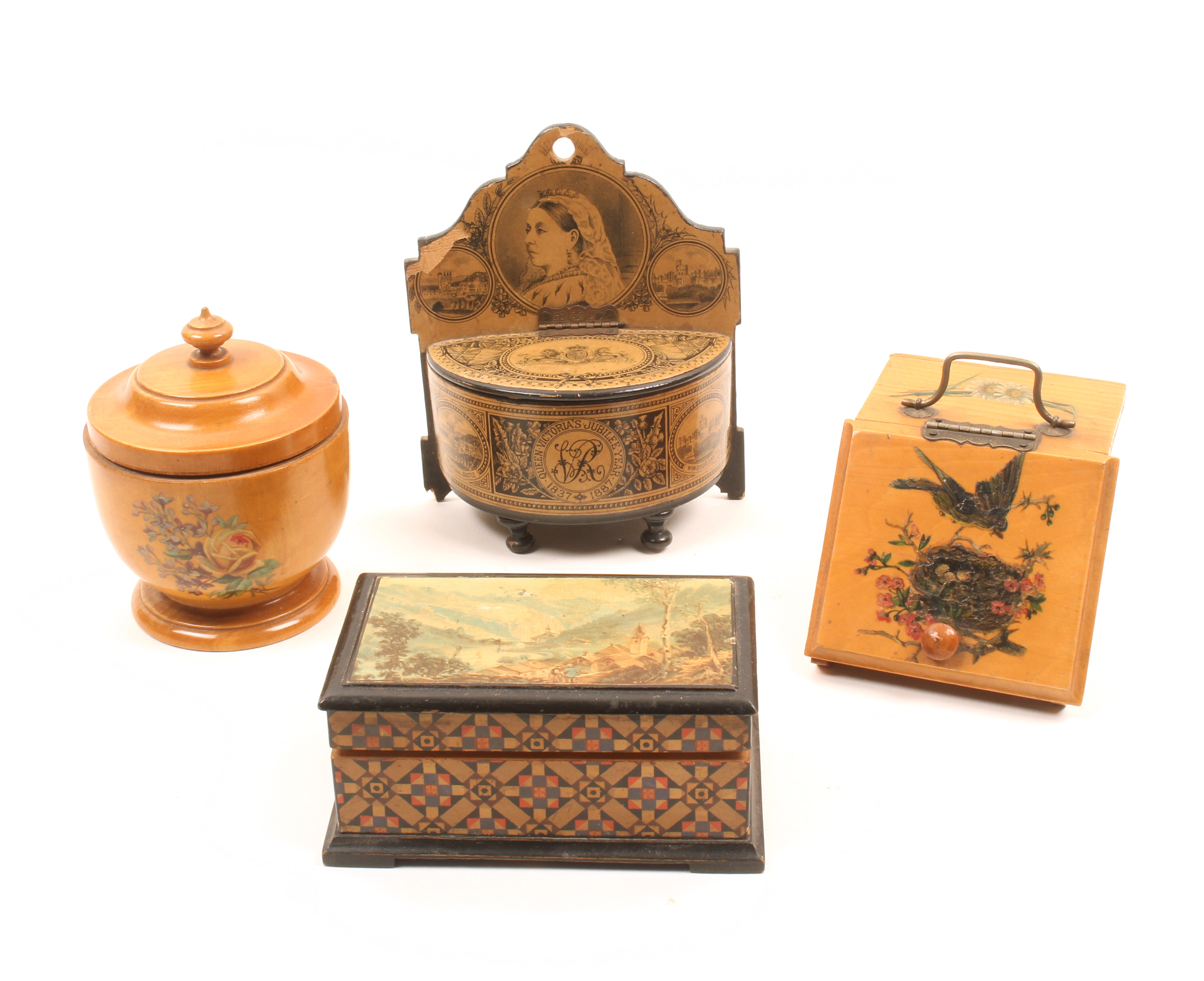 Mauchline ware – sewing – four cotton related pieces comprising a miniature slant front coal box (