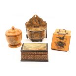 Mauchline ware – sewing – four cotton related pieces comprising a miniature slant front coal box (