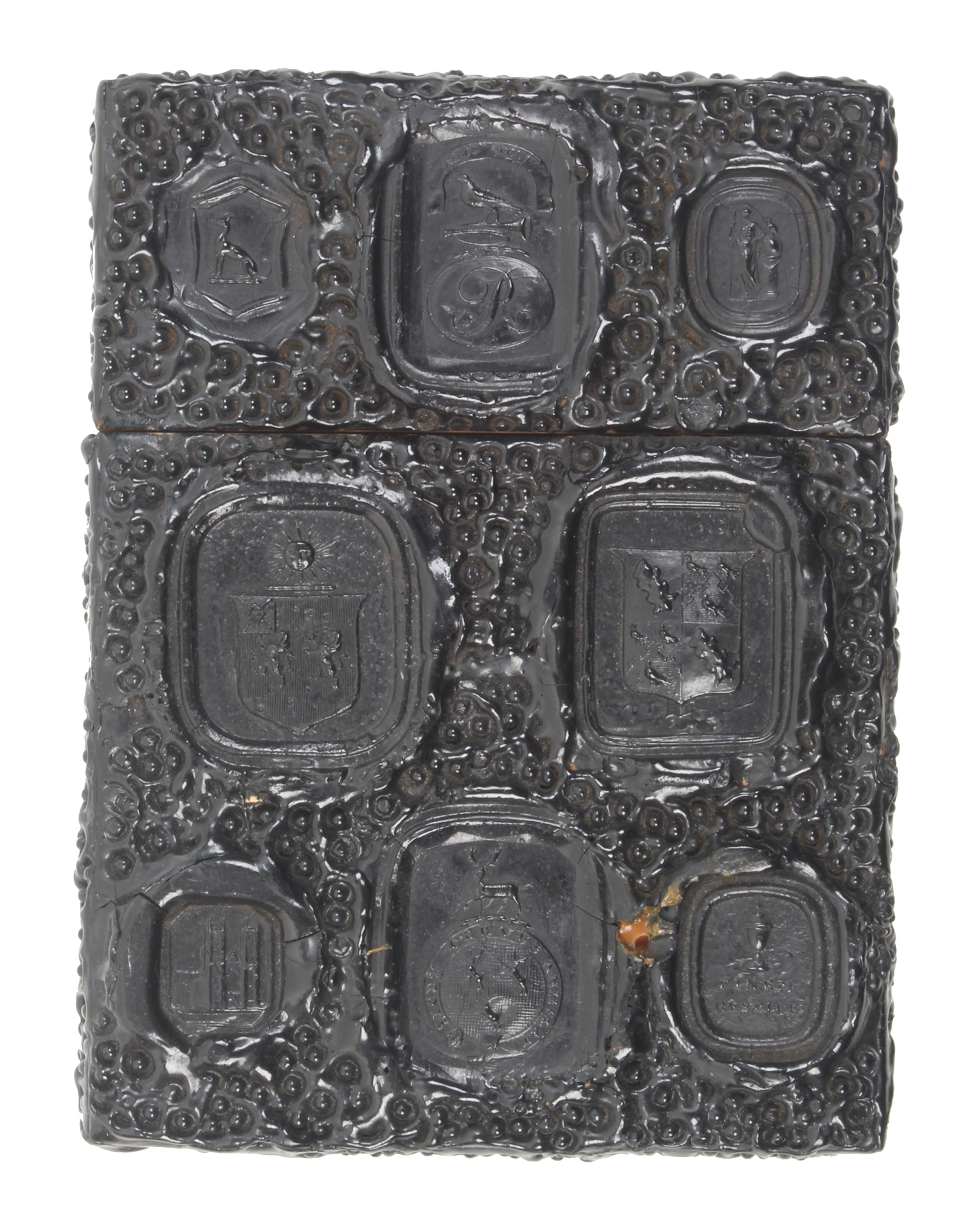 An early 19th Century seal and sealing wax visiting card case, the black ground with numerous - Image 2 of 2