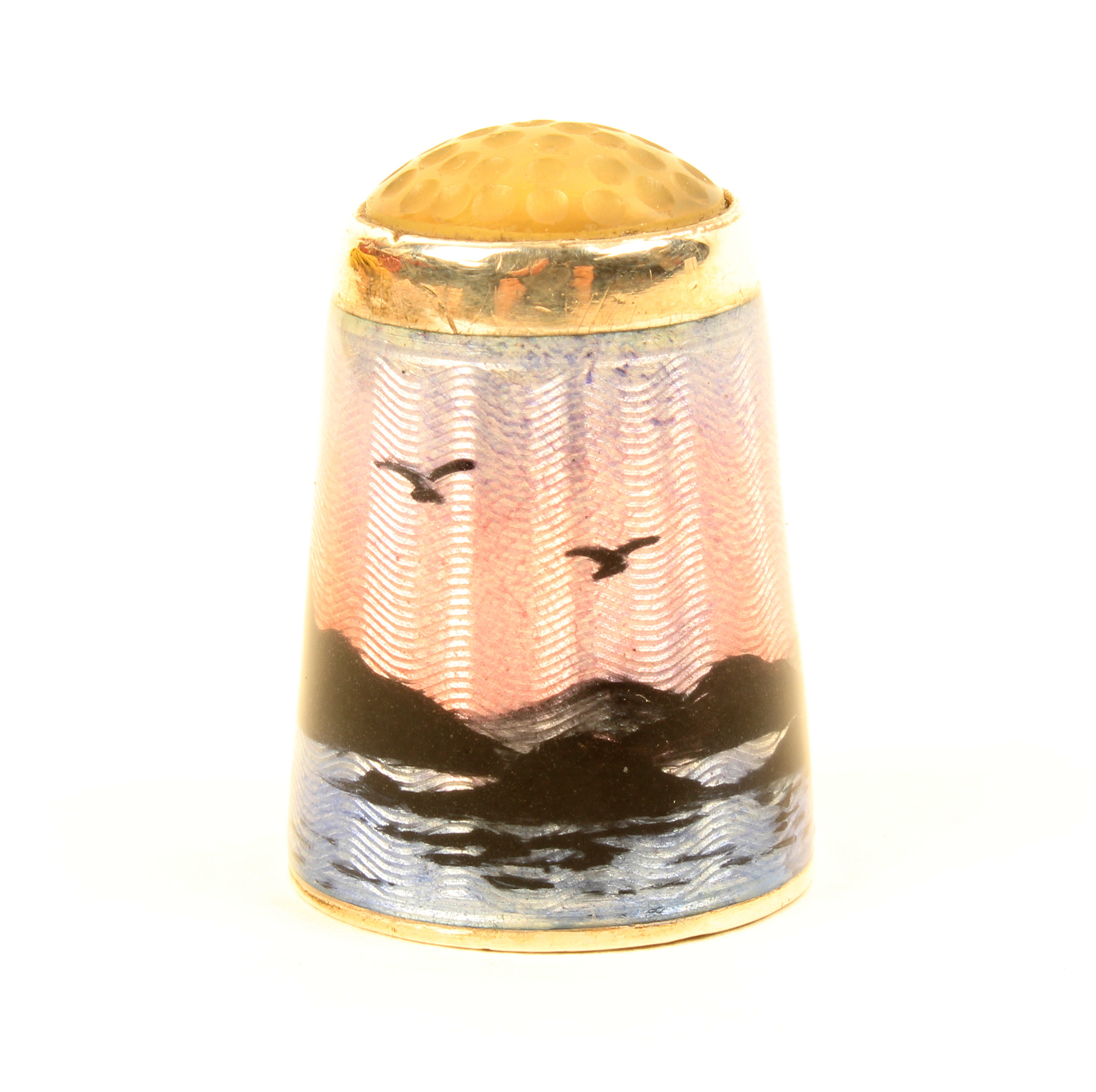 A Norwegian silver and enamel stone top thimble by Aksel Holmsen, depicting a figure in a boat - Image 3 of 3