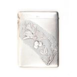 A silver visiting card case one side with a diagonal frosted band of a butterfly on a branch of