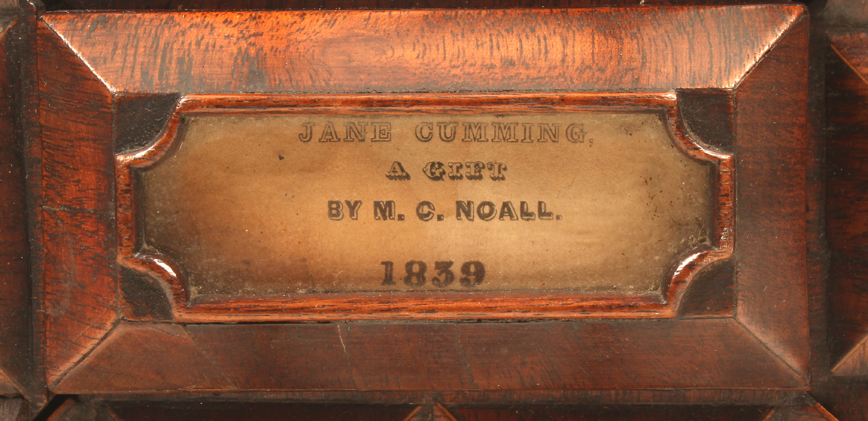 An unusual mahogany reel box dated 1839, of rectangular form raised on post from corners and ball - Image 3 of 3