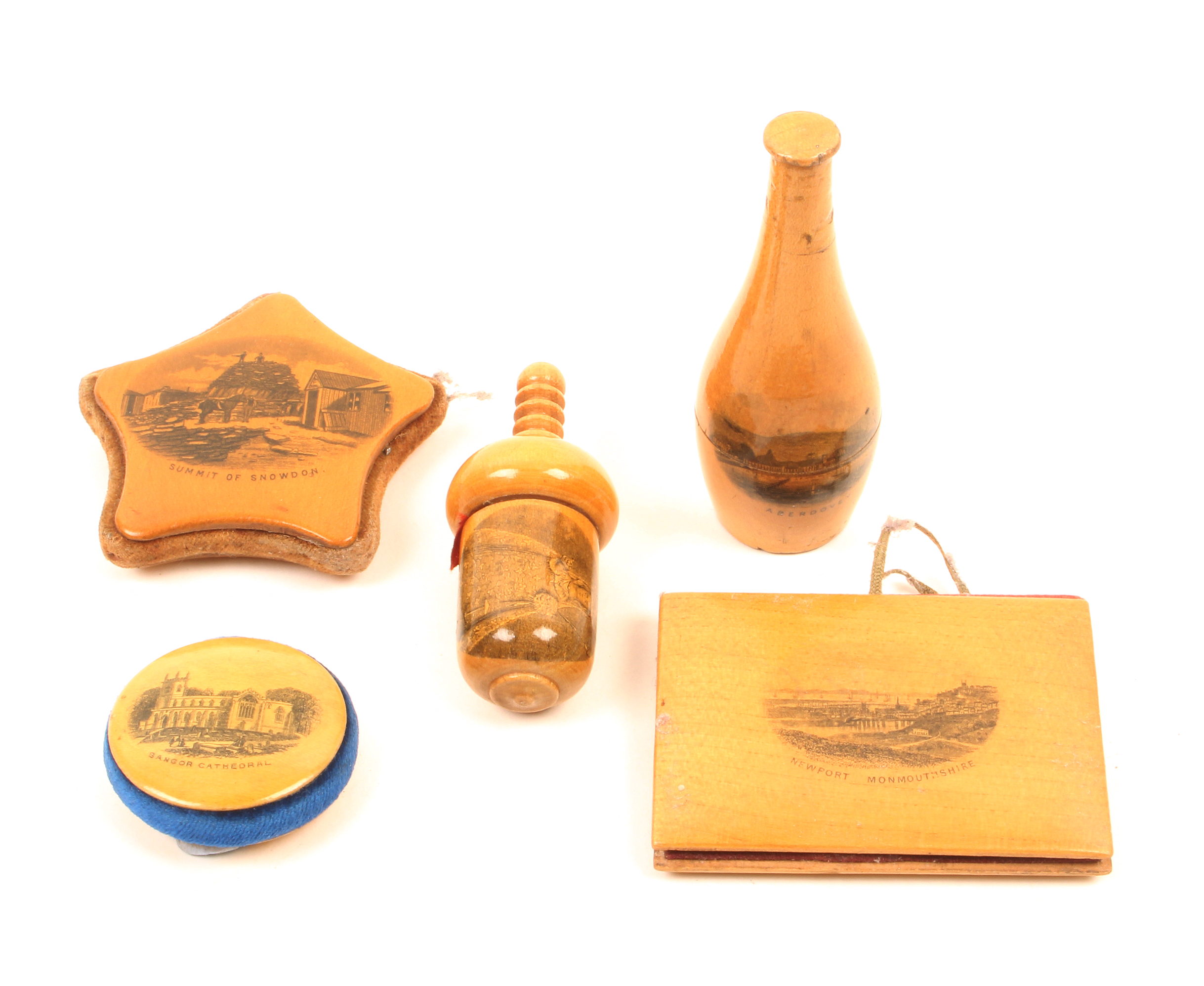 Mauchline ware – sewing – five pieces comprising an acorn form tape measure, tape incomplete (