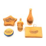 Mauchline ware – sewing – five pieces comprising an acorn form tape measure, tape incomplete (
