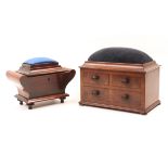 Two 19th Century larger format pin cushions comprising one in the form of a chest of two short and