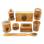 Mauchline ware – eight pieces, comprising a tape box of cylinder form (Peeping Tom, Street Life In