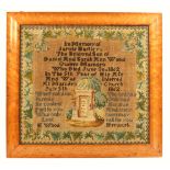 A memorium sampler 1862, in Memory of Jarvis Hartley Wood of Owlers Marsden, central tomb, flanked