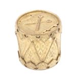 An Avery silvered brass drum form needle box hinged lid with drum sticks, the base stamped ‘W