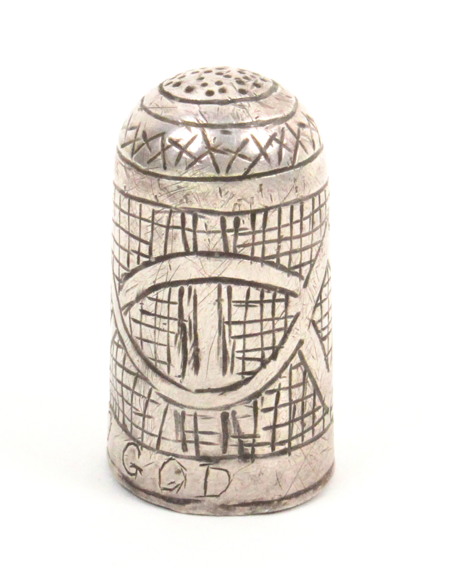 A 17th Century English silver thimble, the body with diamond and oval motifs over a scratched - Image 2 of 2