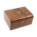 A Victorian walnut sewing box, the domed lid and front with brands of geometric inlay with