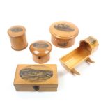 Mauchline ware - sewing _ five pieces comprising a circular reel box, six bone side apertures,