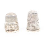 Two pictorial silver thimbles comprising an example for the ïExhibition of All Nations 18++Í date