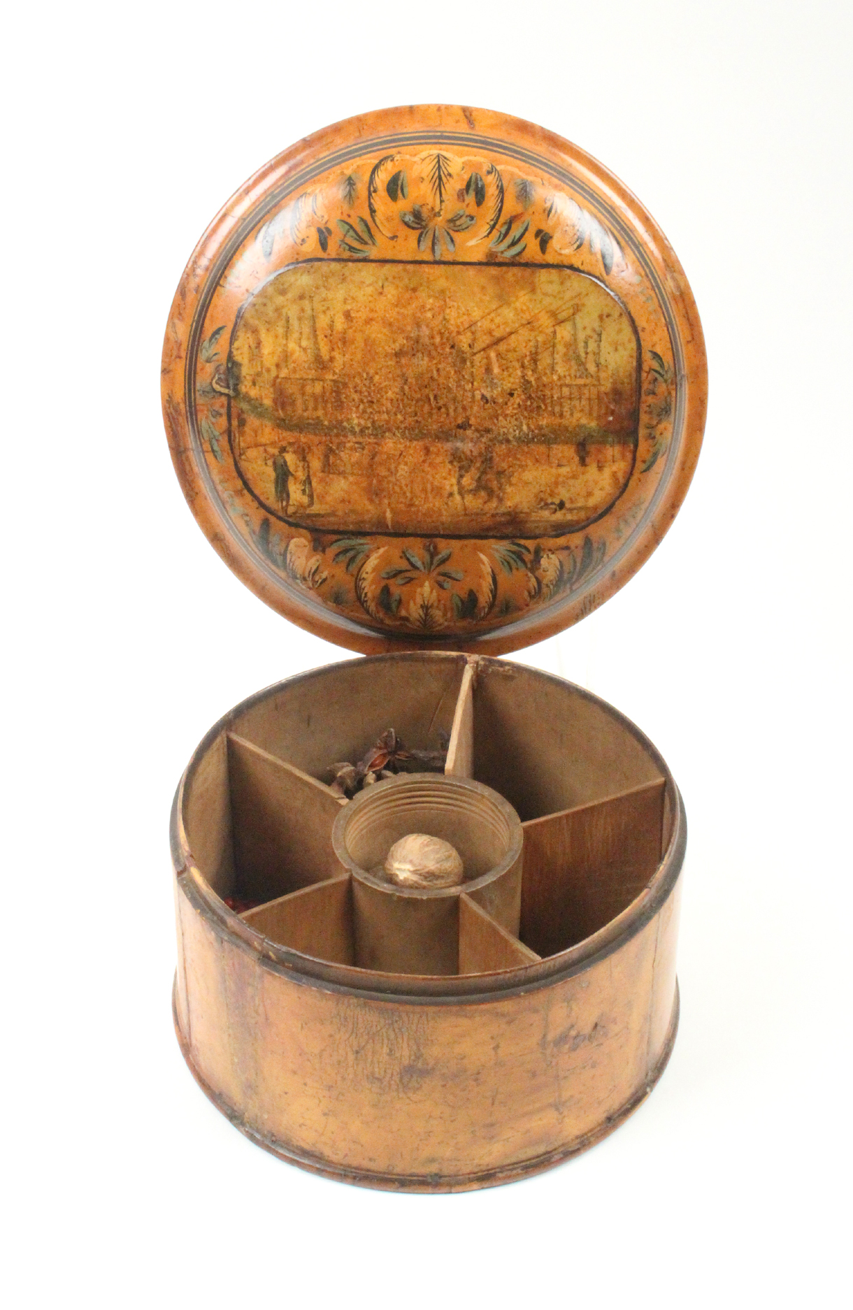 A rare early 19th Century painted Tunbridge ware circular spice box, the domed lid with a worn - Image 2 of 2