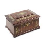 An early Victorian rosewood sarcophagal form sewing box, the lid and front inlaid with cut brass and