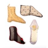 Four shoe form pin cushions comprising a leather example with painted decoration and inscribed ïA