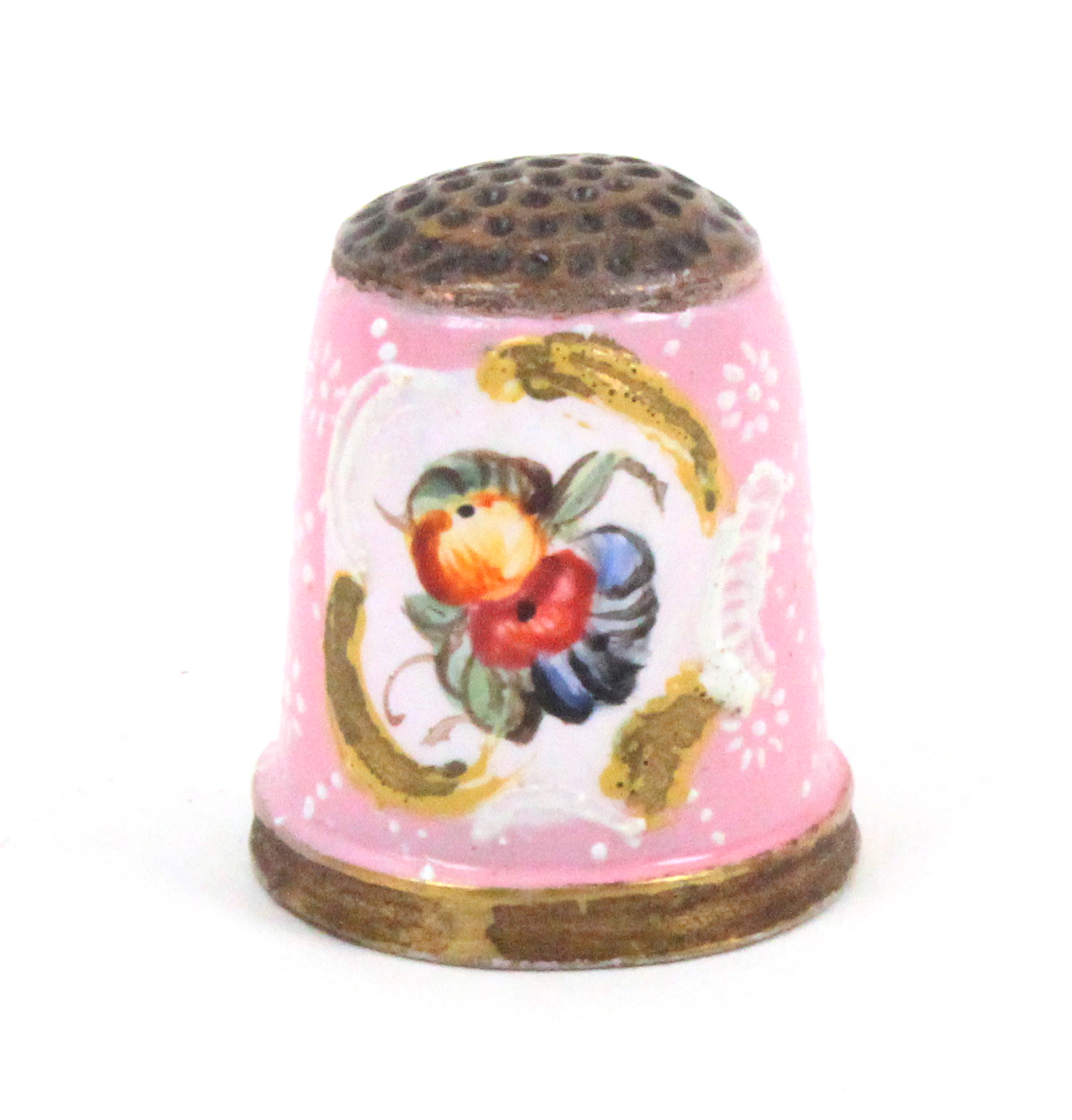 An 18th Century South Staffordshire enamel thimble, the pink ground with two white recessed panels - Image 2 of 2