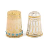 Two English porcelain thimbles comprising a tall Worcester example decorated with decorative gilt