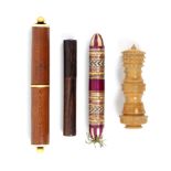 Four 19th Century needle and bodkin cases comprising a wooden cylinder form bodkin case with
