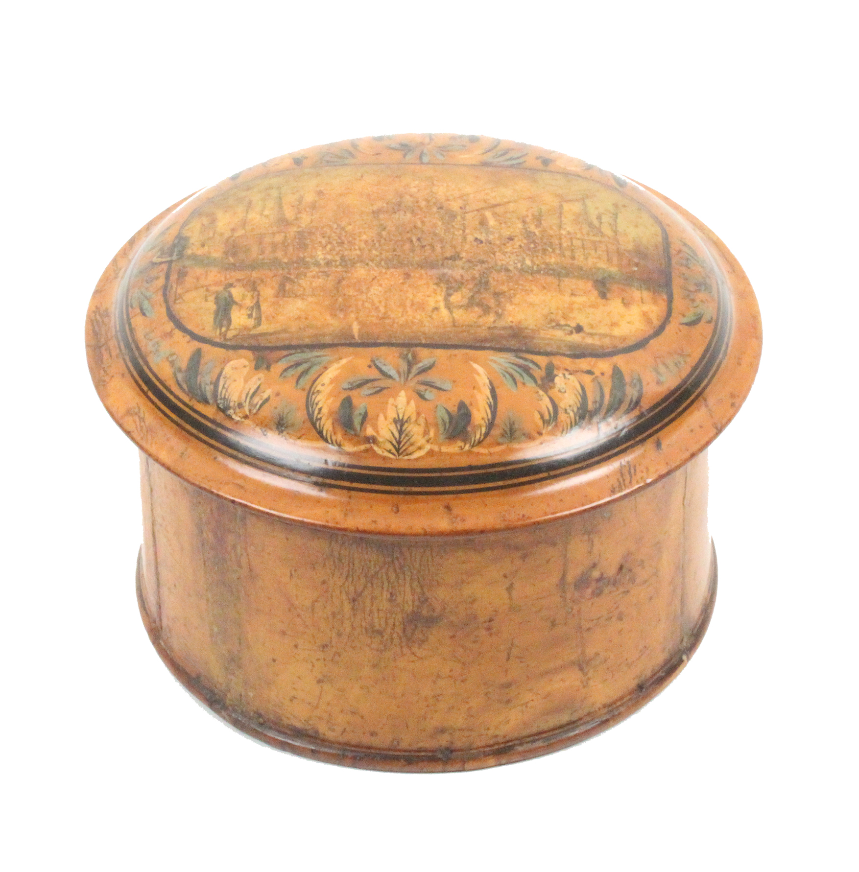 A rare early 19th Century painted Tunbridge ware circular spice box, the domed lid with a worn