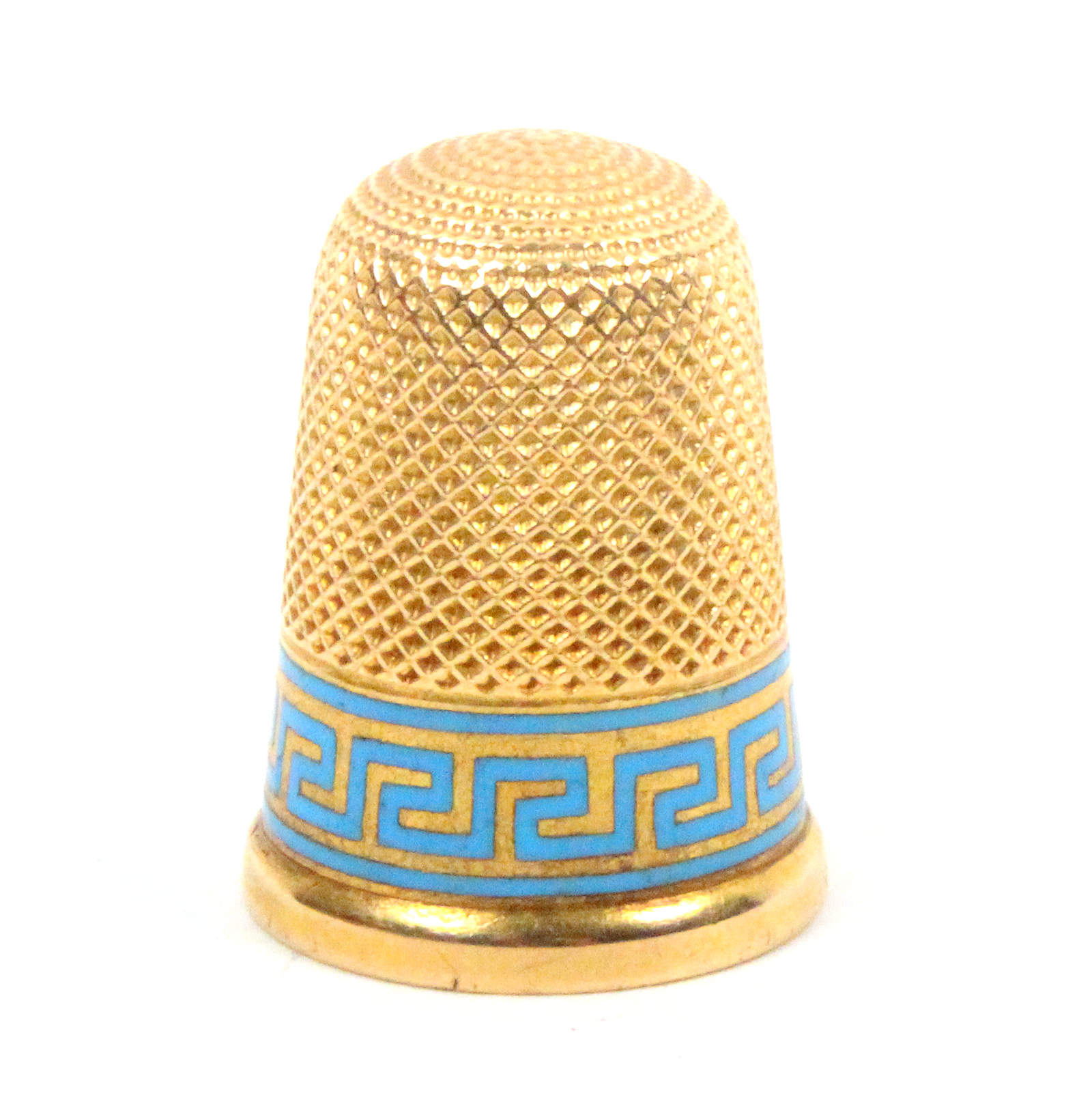 A 19th Century gold thimble with a pale blue enamel Grecian key frieze over a plain rim (From the