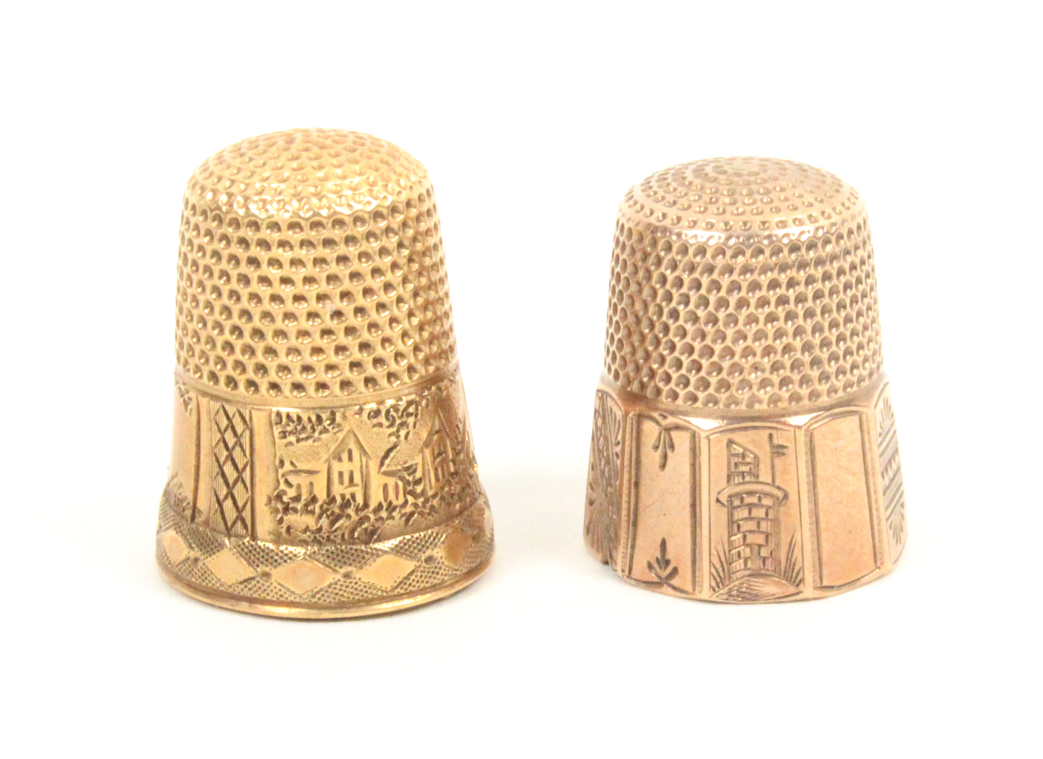 Two American gold thimbles one with engraved panels including a ship, a palm tree and a - Image 2 of 2