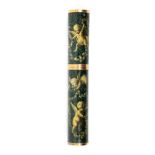 A fine late 18th Century gold and Vernis Martin cylinder form bodkin case decorated with cherubs
