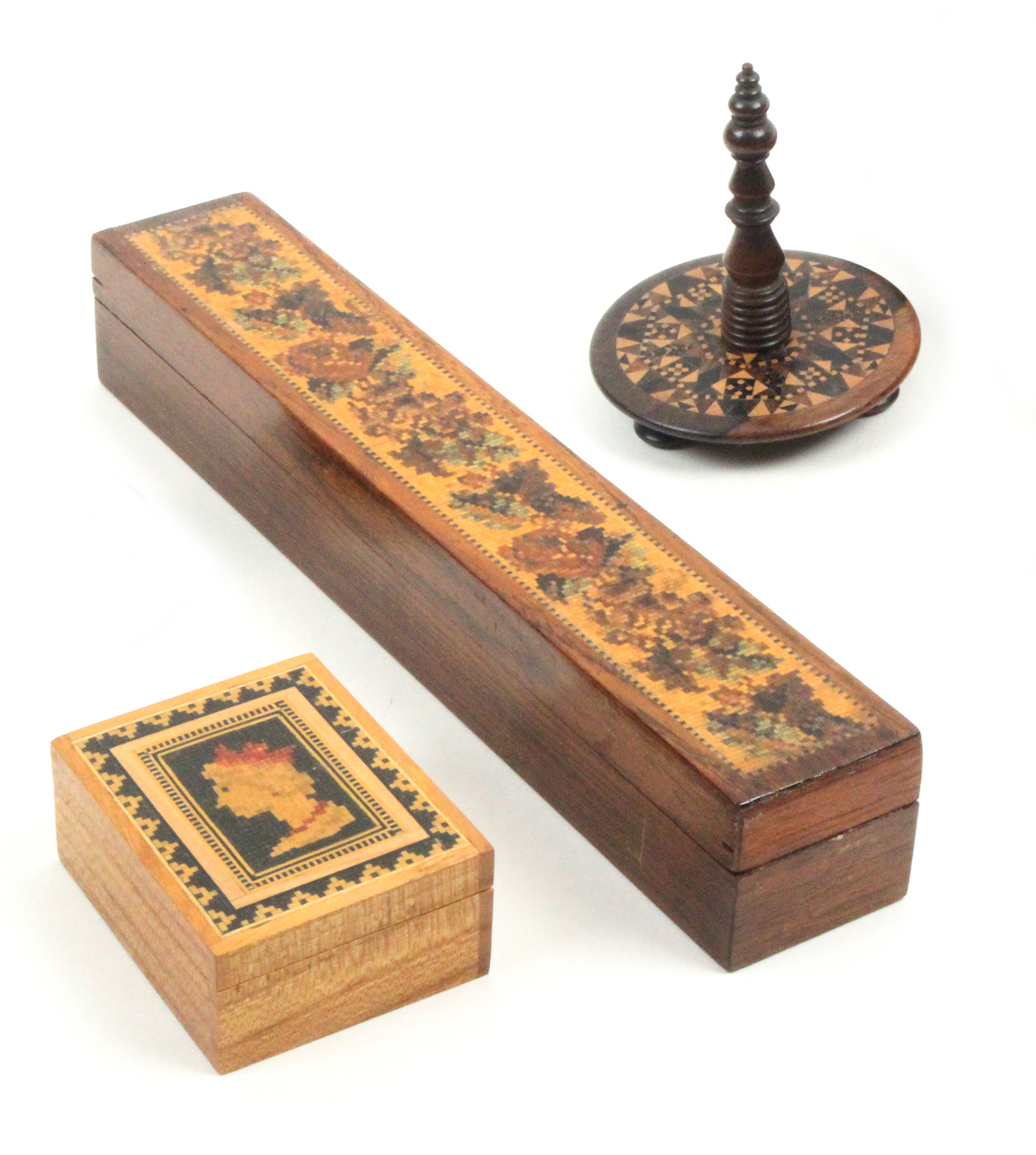 Three pieces of Tunbridge ware comprising a long rectangular rosewood box, the lid with a panel of