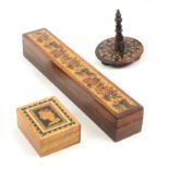 Three pieces of Tunbridge ware comprising a long rectangular rosewood box, the lid with a panel of