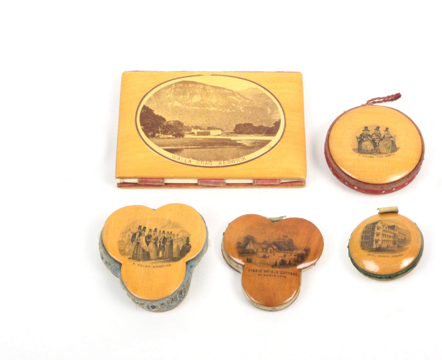 Mauchline ware _ sewing _ five pieces comprising a needle book (photographic _ High St. Annan/