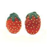 Two knitted strawberry emeries, both with yellow beaded decoration, each approximately 4.5cm (2)