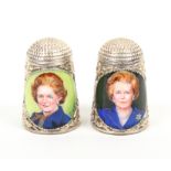 Two silver thimbles with enamel decoration by Peter Swingler comprising _ Margaret Thatcher, Prime