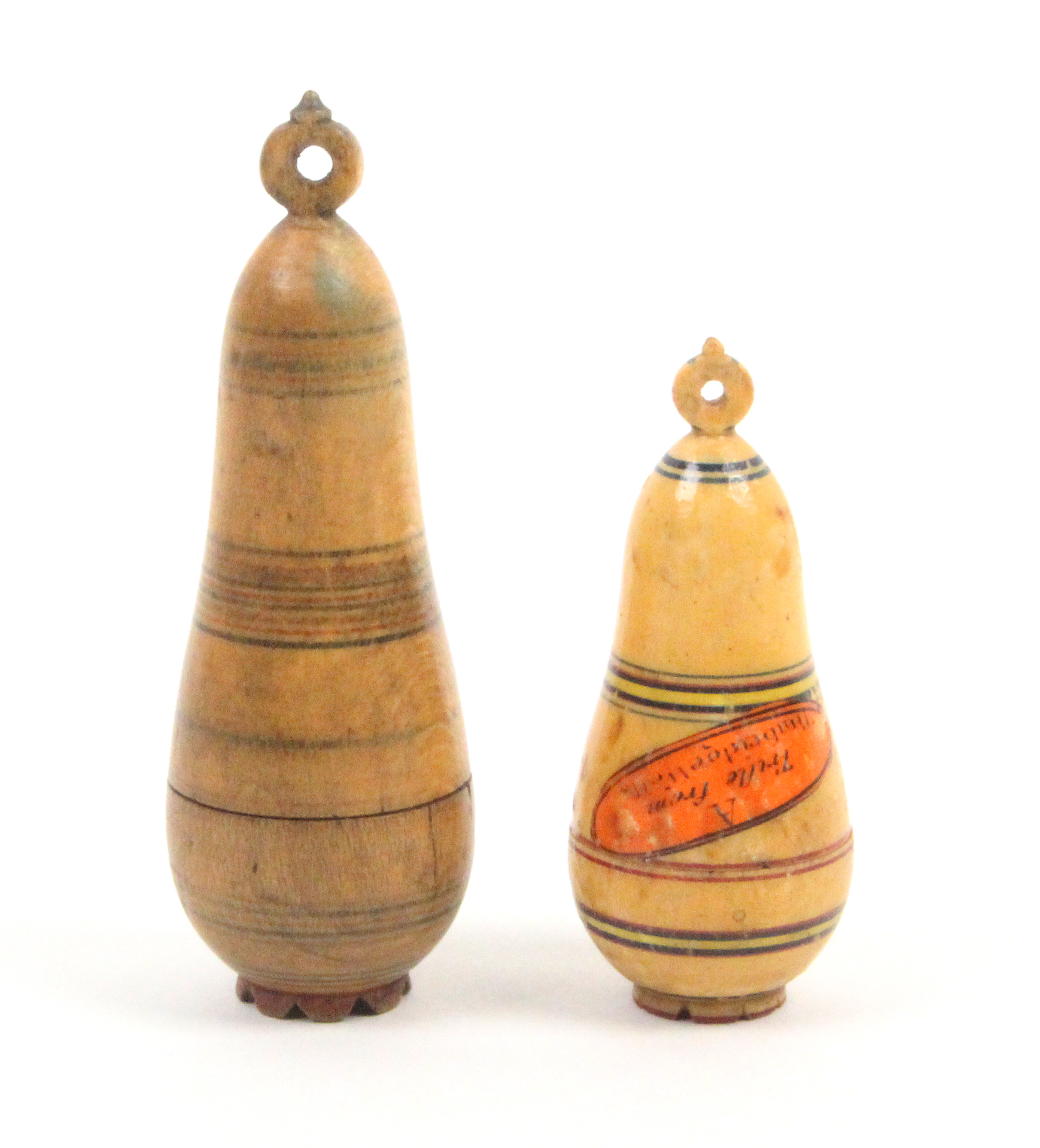 Two early 19th Century painted Tunbridge ware pin poppets each of pear shape with hanging loop,