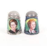 Two silver thimbles with enamel decoration by Peter Swingler comprising _ The Rt. Hon. Margaret