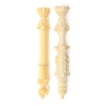 An ivory needlecase and an ivory stiletto, possibly Chinese, 19th Century, the needlecase of